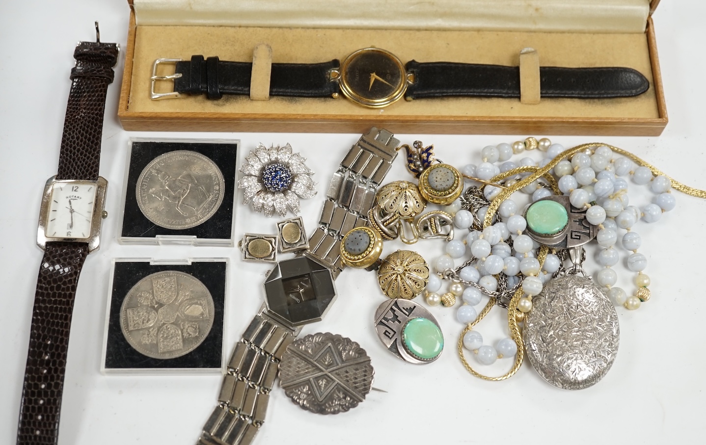 Sundry jewellery and watches, including a late Victorian silver oval locket, an agate bead necklace, Gucci watch silver brooch, enamel diamond and seed pearl set pin, etc. Condition - poor to fair